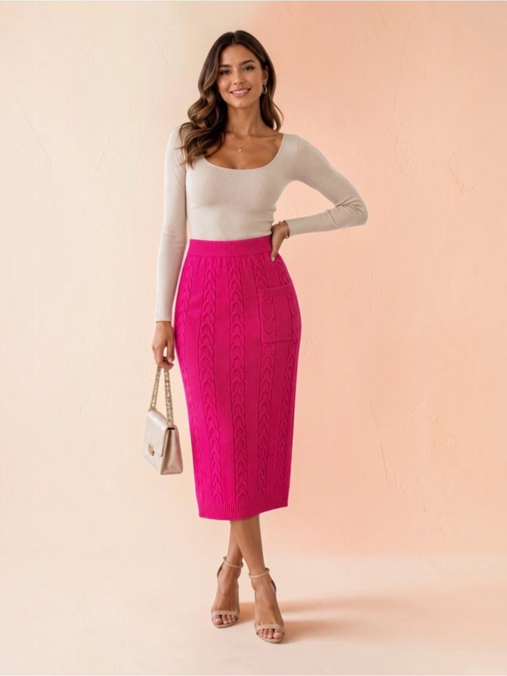 Pink Cable Knit Sweater Midi Skirt Elastic Waist Size M